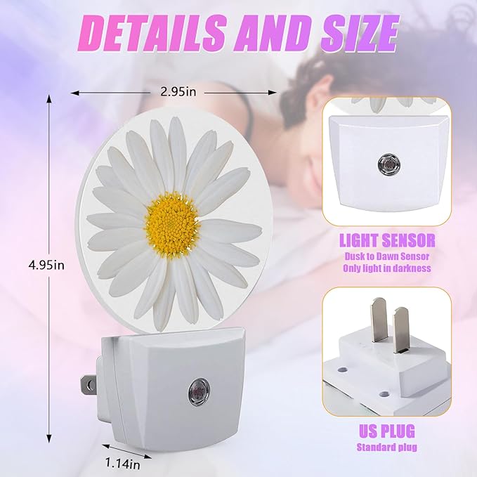 Daisy Night Light Chamomile Night Lights LED Lamp Round Plug into Wall Nightlight with Dusk to Dawn Sensor Home Hallway Stairway Kitchen Decor