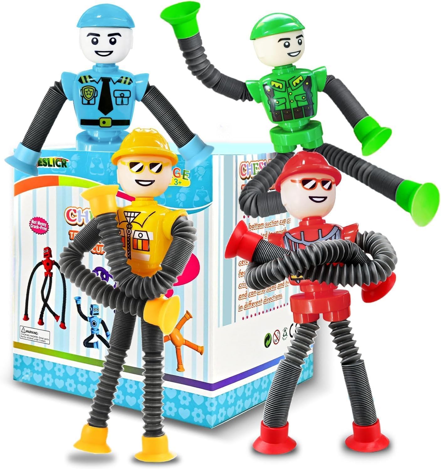 Easter Basket Stuffer Gift for Toddlers Kids Robot Sensory Travel Toys 4Pcs for Boy Year Old Ages 3 4 5 6 7 8 9, Airplane Travel Activities Suction Autistic Valentine Pop Tube Autism Fidget Toys