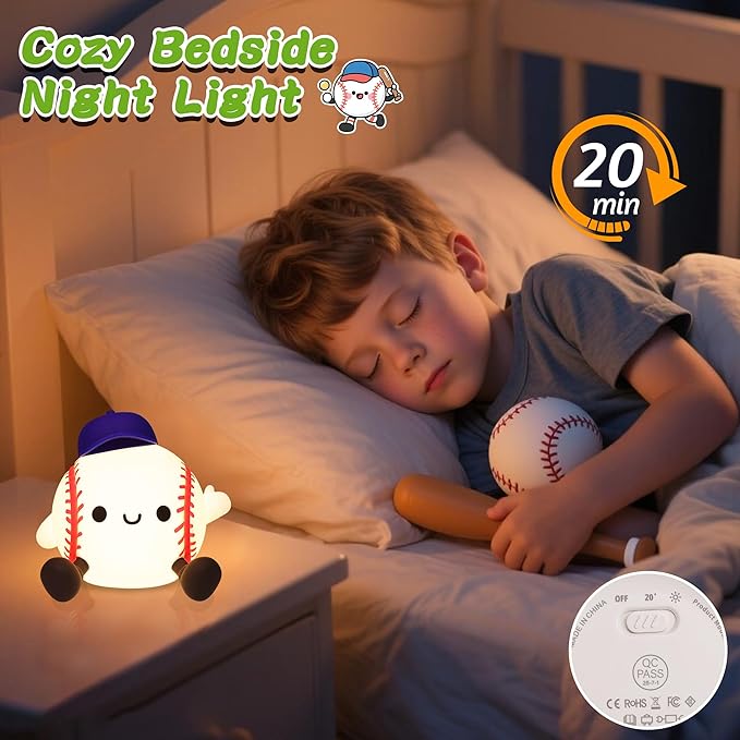 Baseball Night Light, Dimmable Silicone Touch Lamp with USB Rechargeable Soft Glow Bedside Lamp for Boys Bedroom Decor, Baseball Gifts for Boys Sport Fans Birthday Xmas