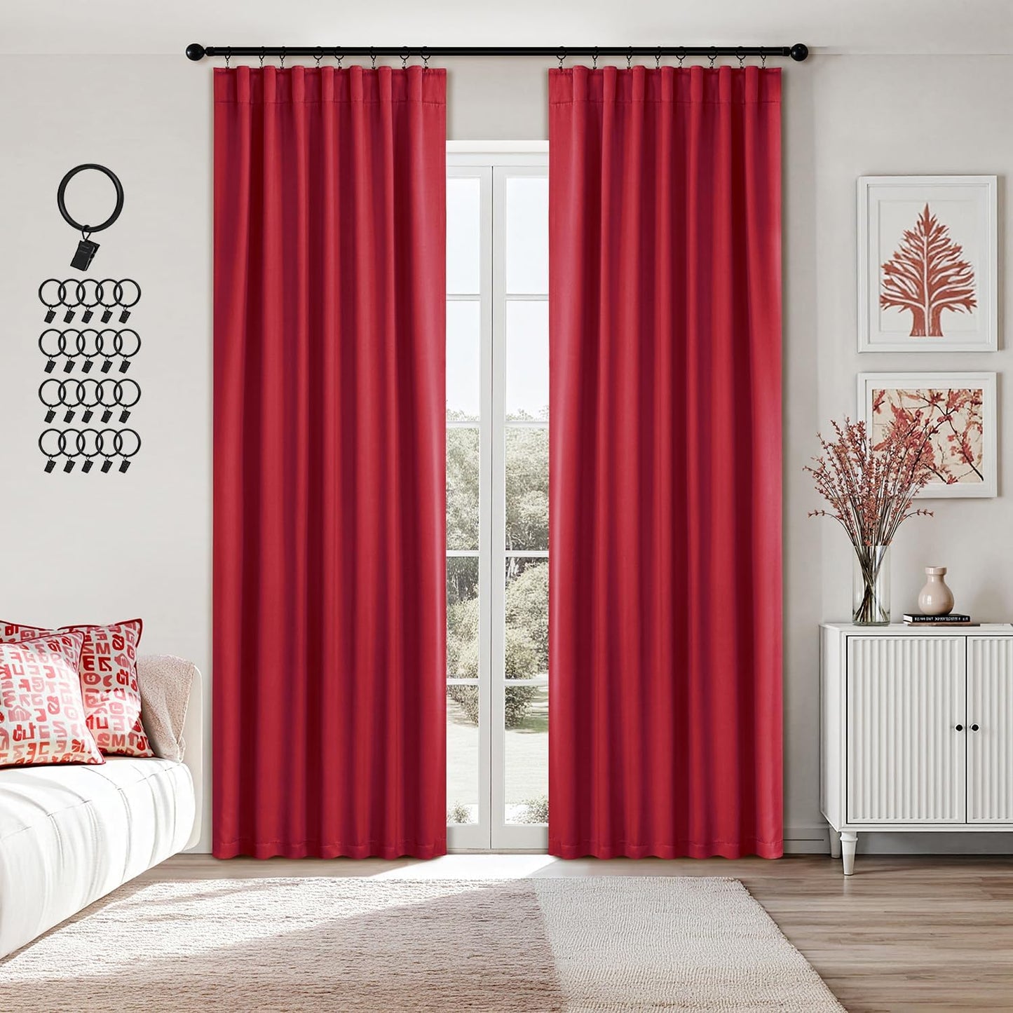 ANRODUO Back Tab Blackout Curtains for Bedroom Living Room, Rod Pocket Pinch Pleated Thermal Insulated Room Darkening Curtains 90 Inches Long 2 Panels, Red, 42 x 90 Inch