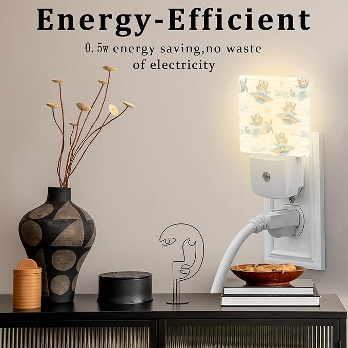 Cute Adventure Bear in Airplane Night Light, Cartoon Animal Dusk to Dawn Night Light Plug in,0.5w Energy Saving Sleep Friendly NightLight for Kids Boys Girls Home Decor