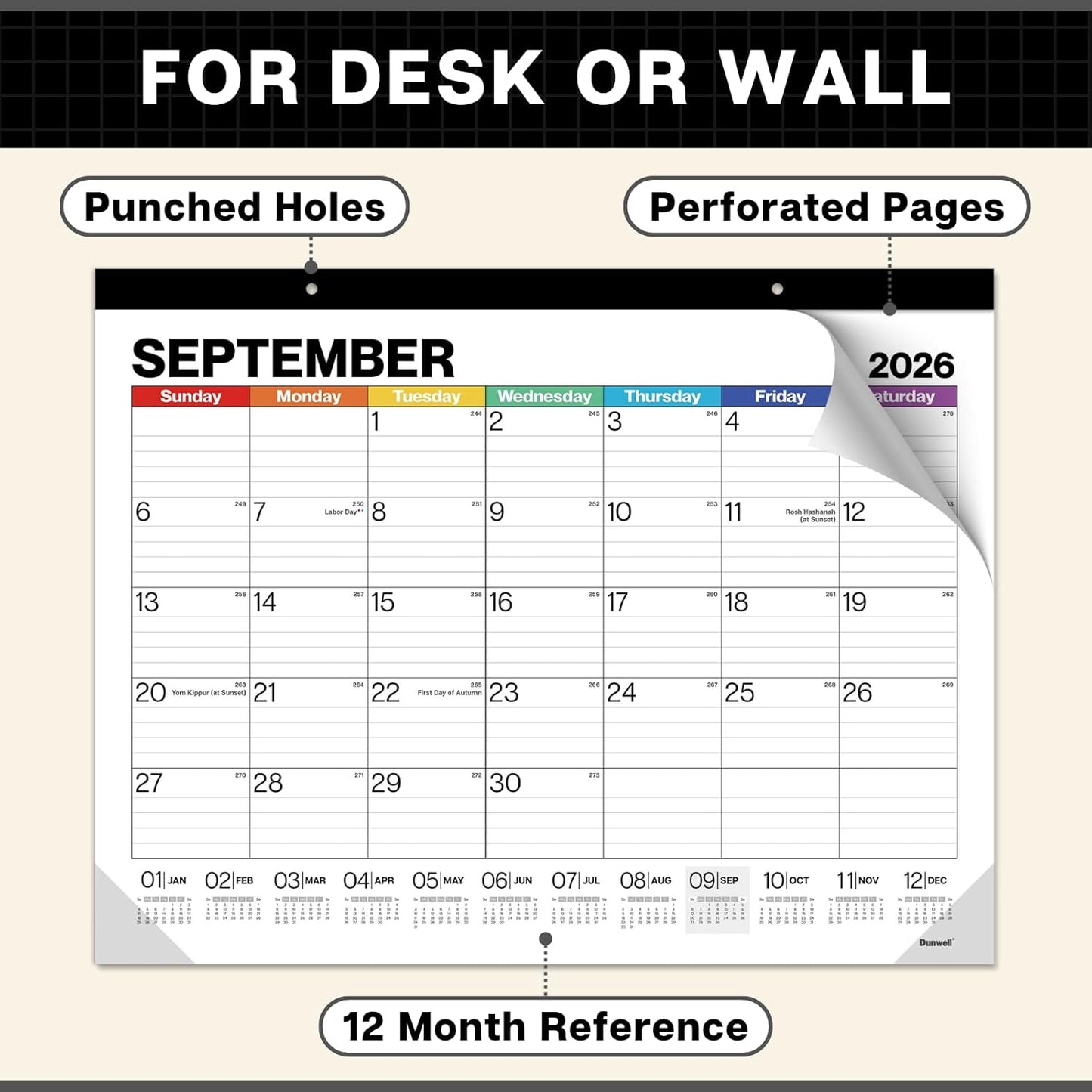 Dunwell 22x17 Desk Calendar 2025-2026 (Colorful), Use Now to Dec 2026, as Large Hanging Wall Calendar or Big Monthly Desktop Blotter, Lined Daily Blocks, Easy to Read, Perfect for Office or Home