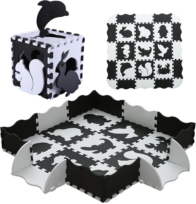 Foam Play Mat for Kids，25Pcs Square Interlocking Puzzle Floor Mat，Baby Play Mat Floor Mat Foam Puzzle Playmat for Toddlers with Fence - Black Animals