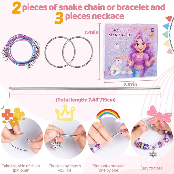 Charm Bracelet Making Kit - 2400+ Pcs Jewelry Making Kit with Clay Beads, Letter Beads, Smiley Face, Evil Eye, Fruit Charms, Unicorn Mermaid Pendants & Charm-Style Beads for DIY Bracelets & Necklaces