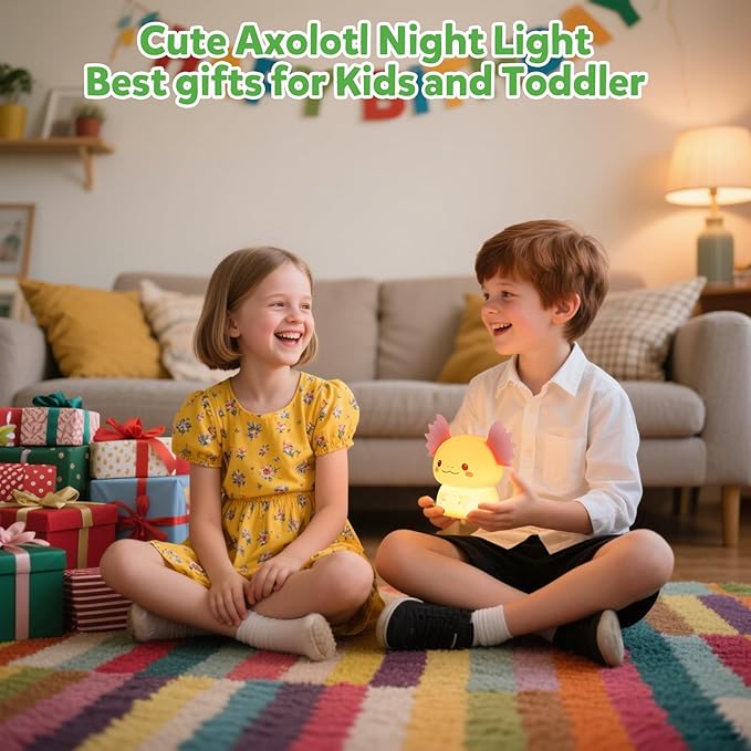 Axolotl Night Light for Kids, Rechargeable Bedroom Bedside Lamp, Night Lamp for Kids Room, Dimmable Nursery Night Light,Girls Boys Room Decor 3 Level Brightness,Animal NightLight for Baby and Toddler