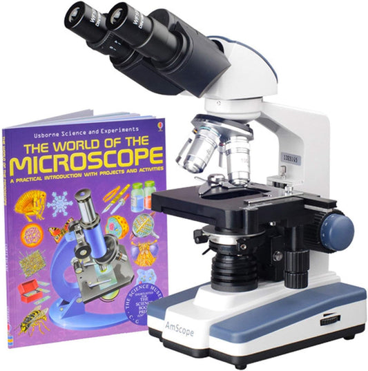 AmScope B120C-WM Siedentopf Binocular Compound Microscope, 40X-2500X Magnification, Brightfield, LED Illumination, Abbe Condenser, Double-Layer Mechanical Stage, Includes Book