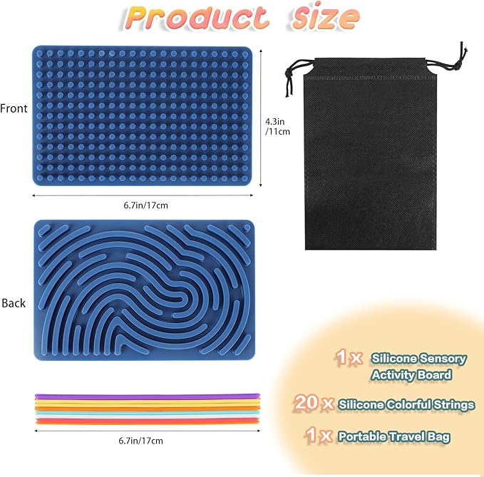 Sensory Activity Board, Silicone Fidget Toy for Stress Relief, Calming, Focus, ADHD and Autism, 6 Colors Sensory Toys Game Controller for Kids 2+ & Adults with 20 Strings (Navy Blue)