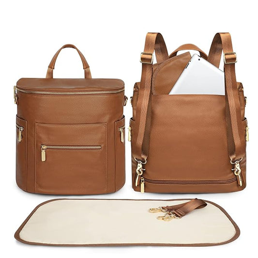 miss fong Diaper Bag Backpack Baby Diaper Bag, Large Leather Diaper Bag Backpack with Changing Pad,Pañaleras Para Bebe for Moms, Stroller Straps, and 2 Insulated Pockets(Convertible, Brown)