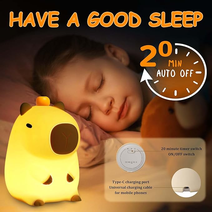 Capybara Night Light,Cute Silicone Squishy LED Animal Lamp,Dimmable Nursery Nightlight,Rechargeable Bedside Table Lamp with Touch Control,Xmas Birthday Gifts for Toddler,Breastfeeding
