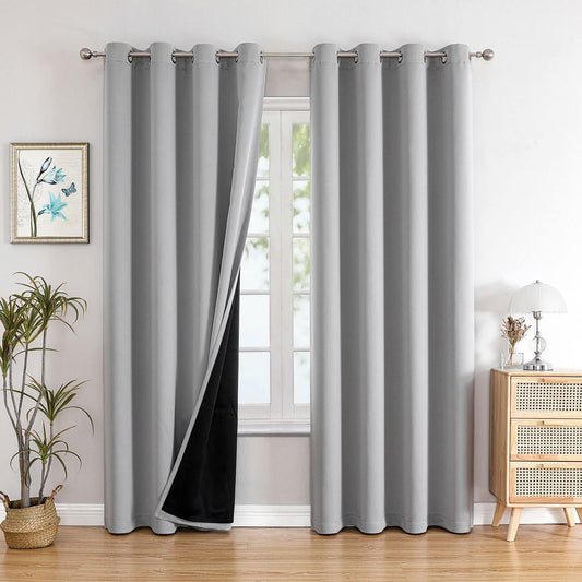 ChrisDowa 100% Blackout Curtains 108 inch Long for Bedroom with Black Liner, 2 Thick Layers Total Blackout Thermal Insulated Grommet Window Curtains 2 Panels Set (Light Grey, 52 x 108 Inch)