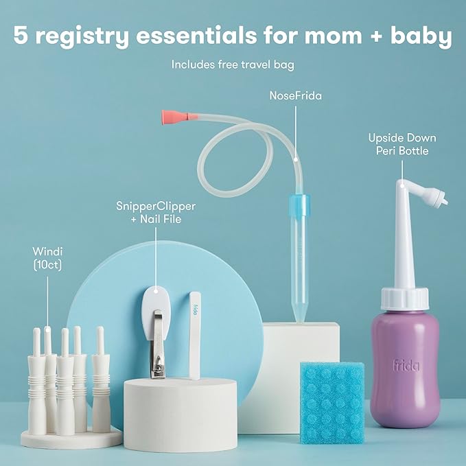 Frida Baby Bitty Bundle of Joy Mom & Baby Essentials Healthcare and Grooming Gift Kit Includes Peri Bottle, NoseFrida Snotsucker, Windi Gaspasser & Nail Clipper + File Set (Pack of 2)