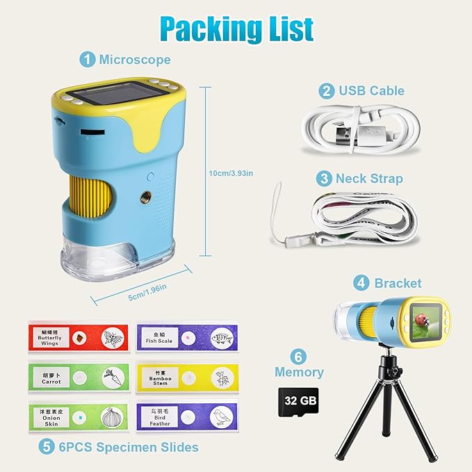 1000X Handheld Microscope for Kids, Weton 2.0" HD Screen Mini Digital Microscope w/Slides Kit Portable Edu Gift for Age 4-6 8-12 Children Students,32G SD Card & Tripod Stand Included