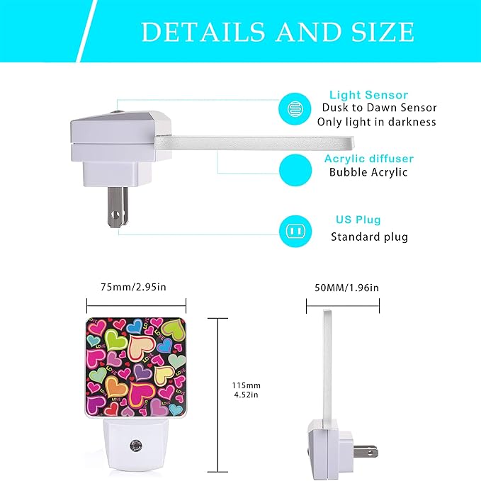 Colorful Heart Night Light,Plug in Night Lights 0.5W Sleep Friendly for Boys Girls Led Night Light Dusk to Dawn Sensor Nightlight for Stairway/Hallway/Kitchen