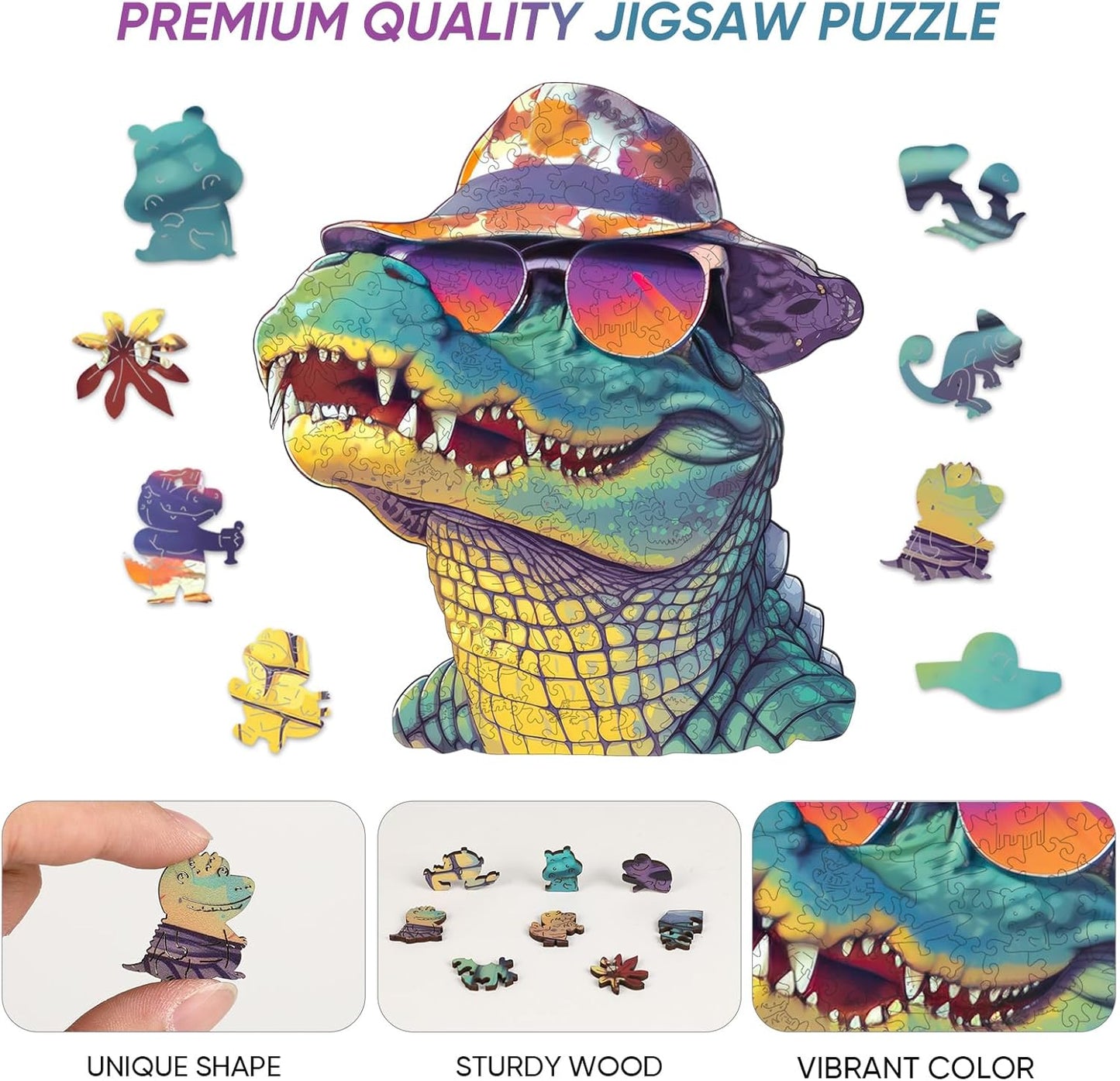 Cool Wooden Puzzle for Adults 500 Piece, Glasses Crocodile Wooden Jigsaw Puzzles, Beautiful Wooden Puzzle with Box Birthday Gifts for Adults and Kids Family Game(16 * 17.6in)