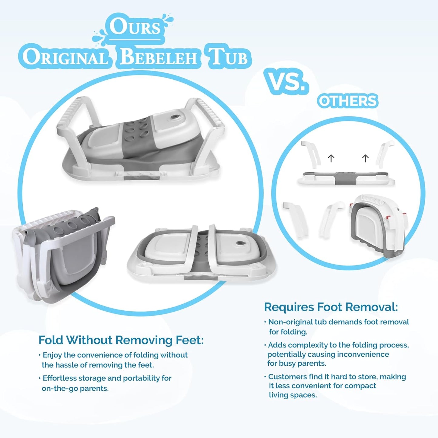 BEBELEH™ Collapsible Baby Bathtub – Bathtub + Baby tub Sling + Newborn Sling – Baby Bathtub Newborn to Toddler 0-24 Months – The Ultimate Travel Baby Bath Tub and Everyday Use! (Gray)