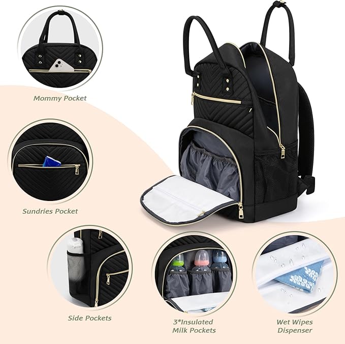 Diaper Bag Backpack,Baby Essentials Diapers Bag with Pacifier Case,Multipurpose Stylish Large Capacity Travel Backpack for Baby Girl/Boy(M-Black)