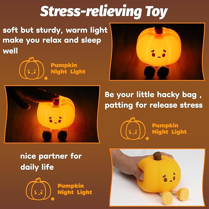 Pumpkin Night Light, Cute Silicone Night Light for Kids, Squishy Touch Nightlight Rechargeable Dimmable for Nursery Lamp for Breastfeeding, Halloween Decor, Office Desk and Kids Room Décor