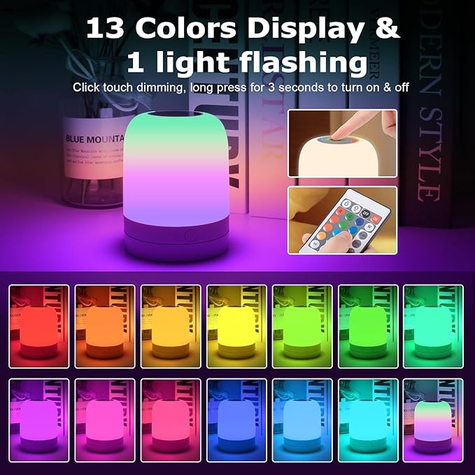 Small Kids Night Light, 13 Color Dimmable LED Lamp, Portable Stepless Dimming, Color Changing Touch Nursery Lamp, Rechargeable Toddler Night Light