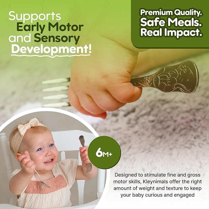 Kleynimals Safari Friends Made in USA Baby Flatware – 100% Stainless Steel Baby Forks and Spoons, Non-Toxic, BPA-Free, Eco-Friendly, Dishwasher Safe – Safe Utensils for Babies & Toddlers