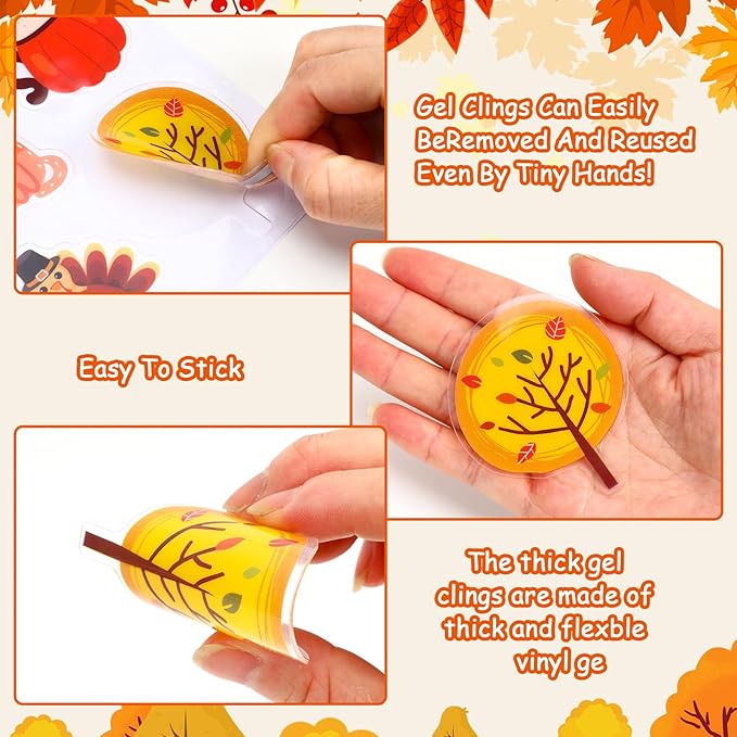 MARFOREVER 50 PCS Fall Gel Window Clings, Autumn Harvest Pumpkins Maple Leaf Pine Cones Thick Window Gel Clings Decals for Kids Fall Thanksgiving Classroom Nursery Home Party Supplies Decorations