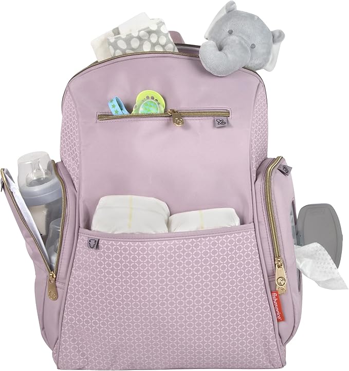 Fisher-Price Fastfinder Gemma Diaper Bag Backpack with Portable Changing Pad, Wipes Dispenser (Pink)