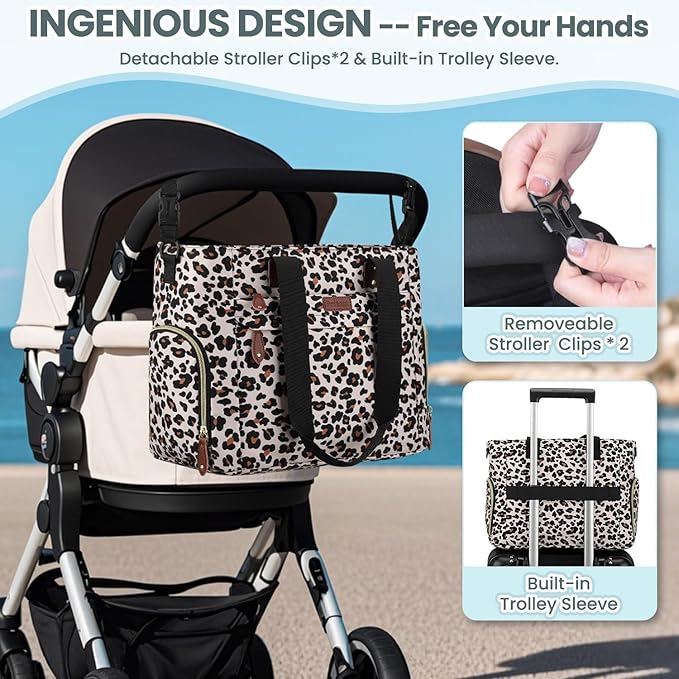 Diaper Bag Tote for Working Mom, Large Travel Diaper Tote for Mom and Dad with 14 Inch Laptop Sleeve, Mommy Maternity Travel Baby Bag for Boys and Girls, Leopard