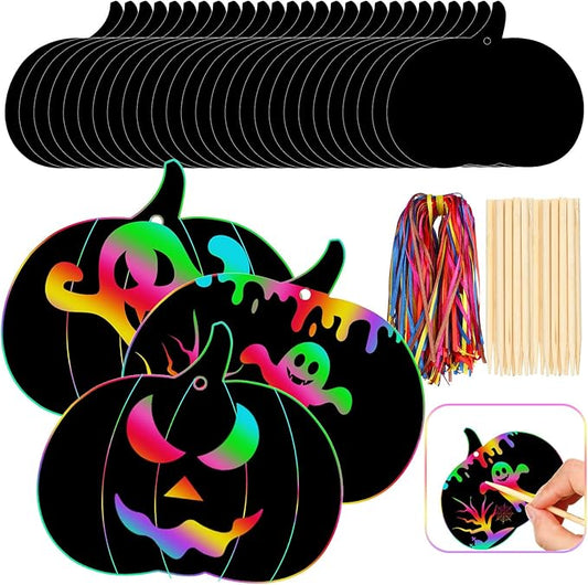 Jenaai 150 Set Halloween Scratch Art Halloween Paper Crafts Kit, 50 Pumpkin Scratch Cards Ornaments 50 Wooden Sticks 150 Ribbons for Rainbow Art Trick or Treat Party Supplies Game Goodies Gifts