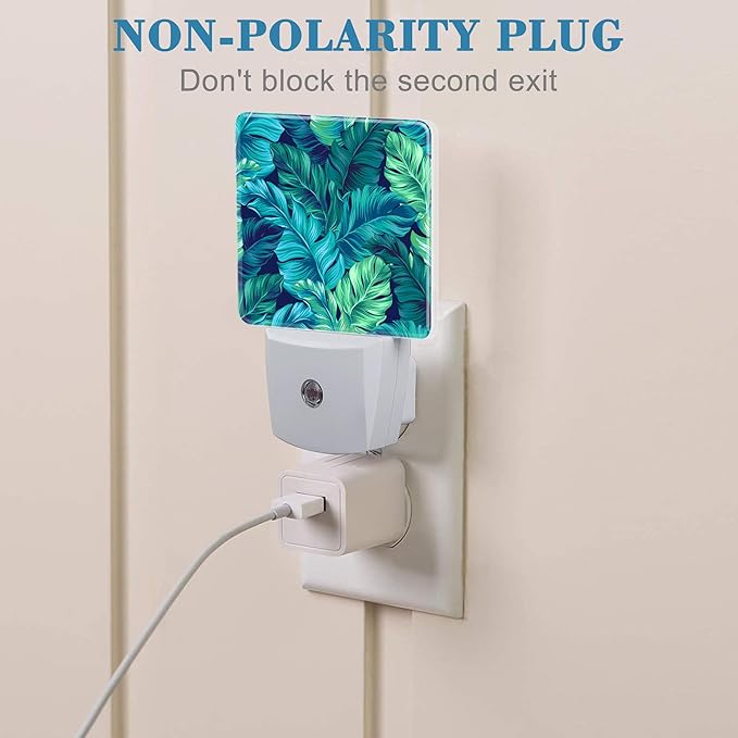 Night Light Plug into Wall Turquoise and Green Tropical Leaves Night Light with Dusk to Dawn Sensor Night Light for Kid Girls Boys Women Room Decor,Hallway,Kitchen,Bathroom,Nursery,Stairs