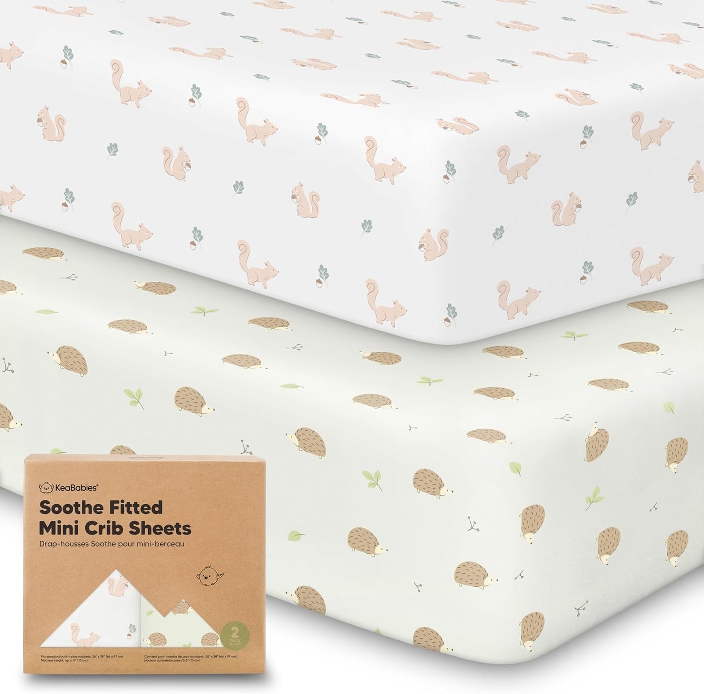 2-Pack Mini Crib Sheets Fitted - 38x26 Pack N Play Sheets for Pack and Play Mattress, Organic Cotton, Soft & Breathable Playard Bedding, Neutral Mini Toddler Bed Cover for Boys, Girls (Nibbles/Bruce)