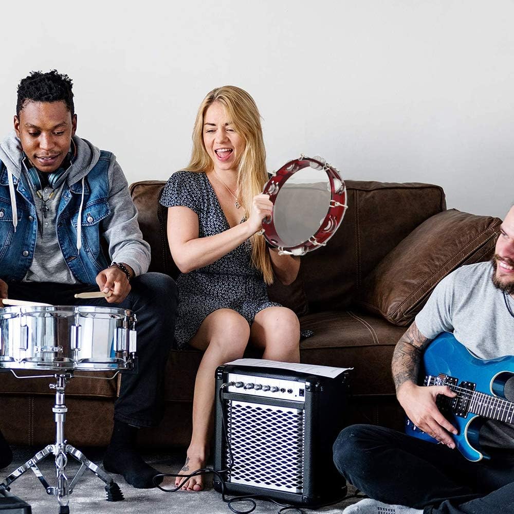 ENNBOM Tambourine Adjustable Tone Hand Drum Double Row Metal Jingles Hand Bell Performance Level Handheld Percussion (Red)