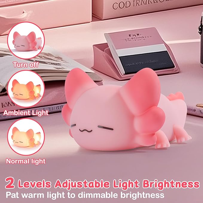 Tremdwoto Axolotl Night Light for Kids, 7 Color Changing Cute Axolotl Lamp，Dimmable &1/3 H Timer, USB Rechargeable Silicone Nursery Nightlight for Kid Bedroom Decor Axolotl Gift for Boys and Girls
