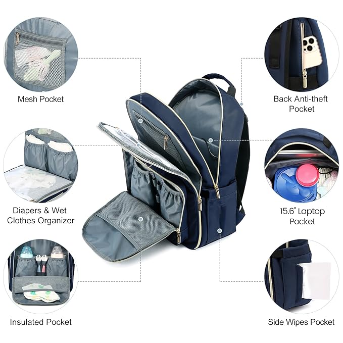 LOVEVOOK Diaper Bag Backpack, Quilted Baby Bag with Changing Pad & Pacifier Holder, Waterproof Travel Diaper Bags for Baby Boys Girls, Stylish and Large Capacity,Blue