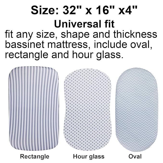 Onacosht Bassinet Sheets for Baby Boy and Girl, Stretchy Breathable Fitted Sheet Universal for Bassinet Cradle Hourglass Oval Rectangle Pad/Mattress, 4 Pack Stripes Dots Chevrons and Stars ﻿