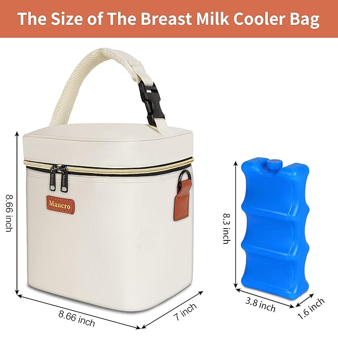 Mancro Breastmilk Cooler Bag with Ice Pack, Fits 6 Insulated Baby Bottles Up to 9 Ounce, Breast Milk Cooler for Nursing Mom (Cream)