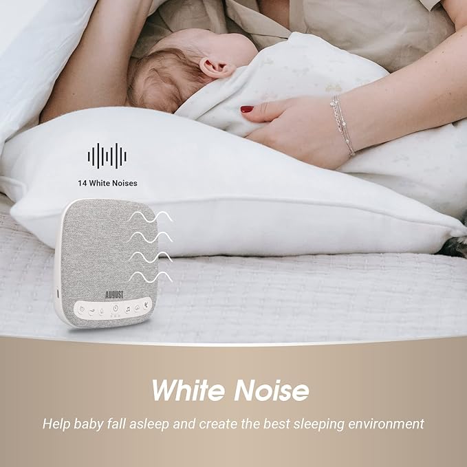 Portable White Noise Sound Machine - August SE160 - Calming, Ambient Sleep Therapy - 14 Soothing Sounds for Babies, Children, Adults - Sleep Aid with Timer - 60-Hour Battery - USB-C Charging - White