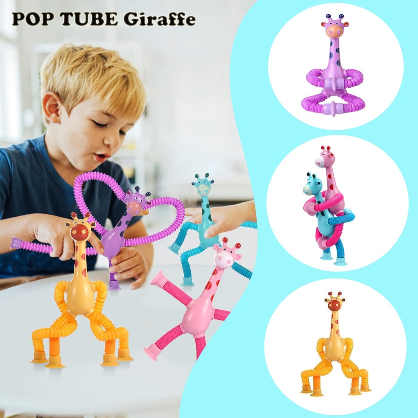 Pop Tube Giraffe Toy, 4 Pack Telescopic Suction Cup Giraffe Toy, Stretchy Giraffe Suction Toy, Pop Tube Fidget Toys for Children with Autism (4 Pack)