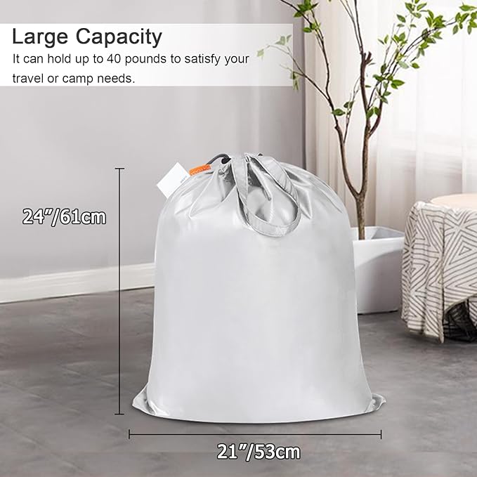 Polecasa Small Heavy Duty Laundry Bag with drawstring closure and Reinforced Handles, Easy to Carry Dirty Clothes Drawstring Bag for Travel, Camp 21”x24”, Silver