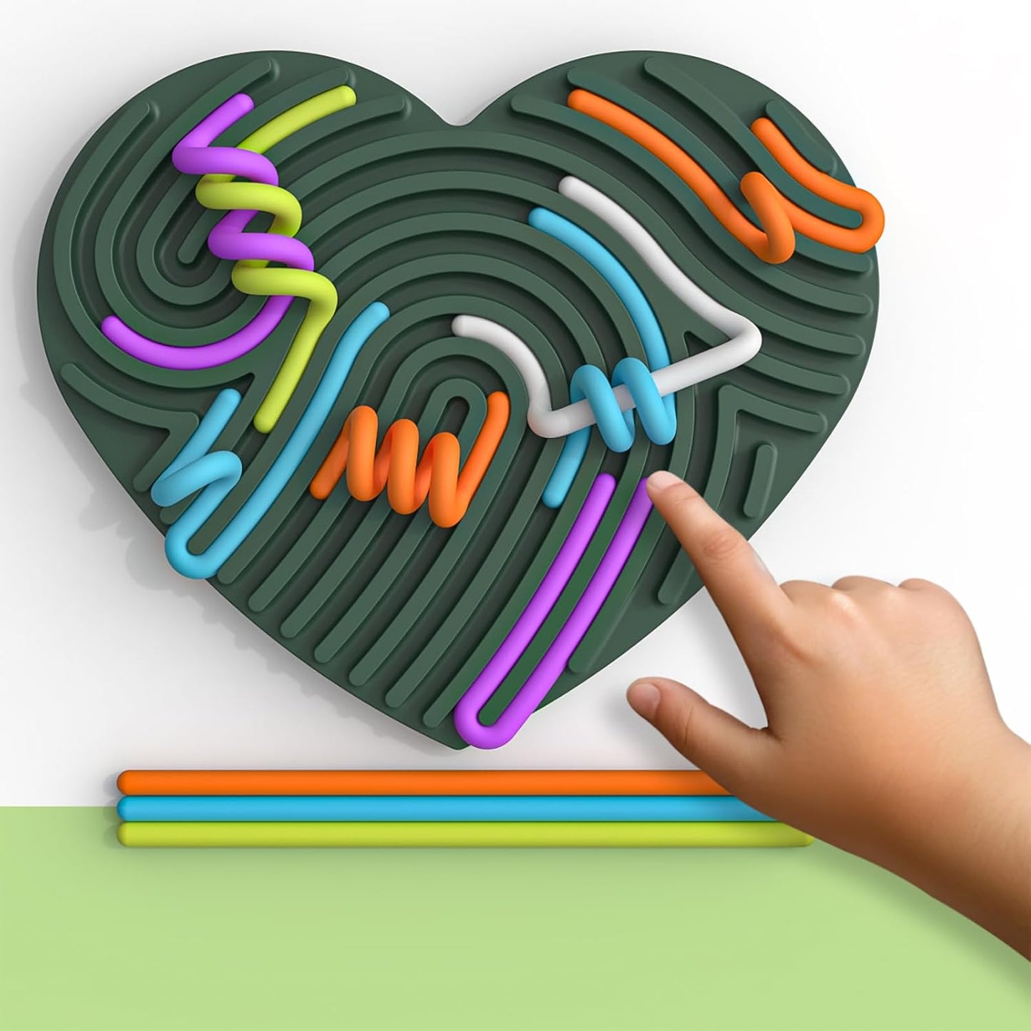 Silicone Sensory Activity Board, Silent Fidget Toys for Calming, Anxiety, Stress, ADHD and Autism, Kids 3+ & Adults, Portable with Travel Bag & 13 Colored Strings (Deep Green-Heart Shape)
