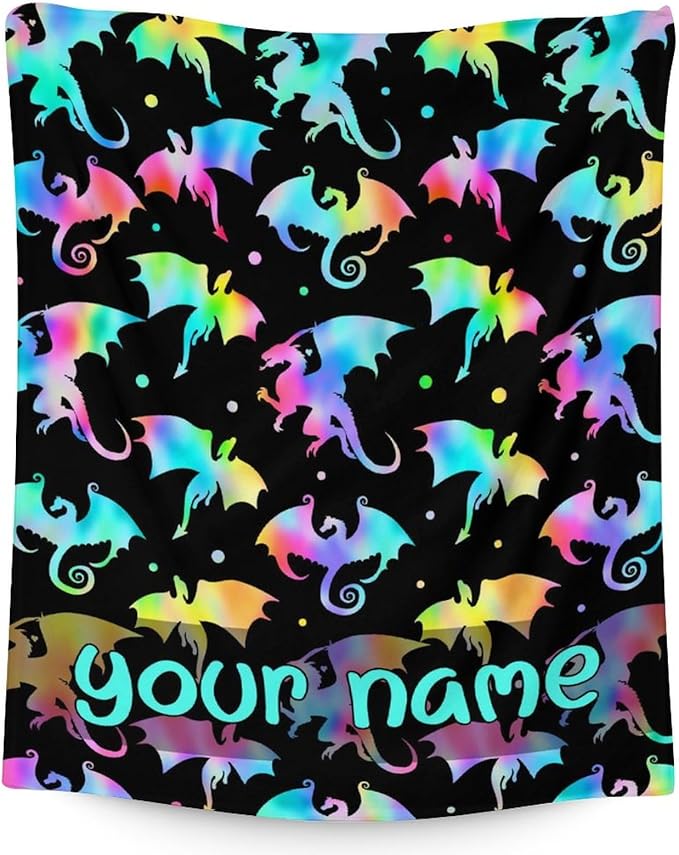 Custom Dragon Blanket Gifts with Name - 60x80 Inches Novelty Throw Blanket for Babies, Kids, Boys & Girls - Black Soft Fuzzy Blankets for Couch, Sofa & Bed
