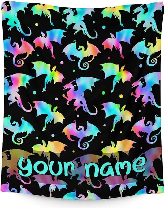 Custom Dragon Blanket Gifts with Name - 40x50 Inches Novelty Throw Blanket for Babies, Kids, Boys & Girls - Black Soft Fuzzy Blankets for Couch, Sofa & Bed