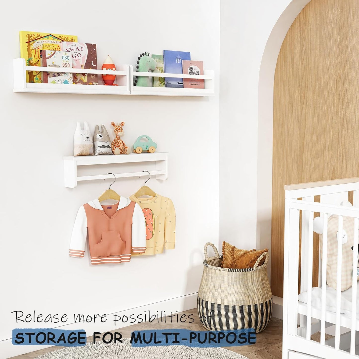 24 Inch White Wall Bookshelf for Kids Room, Floating Nursery Book Shelves Wall Mounted with Lip and Hanging Rod for Baby Girl Boy Bedroom, Large Corner Hanging Children Bookshelves -Set of 3