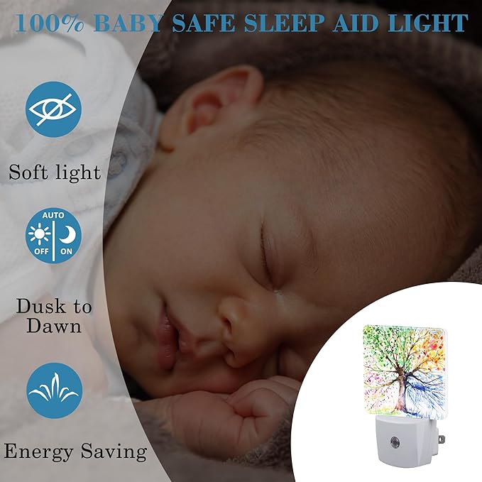 Night Light Plug into Wall Hand Painted Four Season Tree Night Light with Dusk to Dawn Sensor for Kid Girls Boys Women Men Room Decor, Hallway, Kitchen, Bathroom, Nursery, Stairs