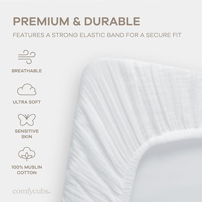 Comfy Cubs Muslin Bassinet Sheet - 100% Soft Cotton Fabric, Breathable & Gentle for Baby’s Sensitive Skin - Universal Fit with Secure Elastic Edging, Gift-Ready Packaging - White