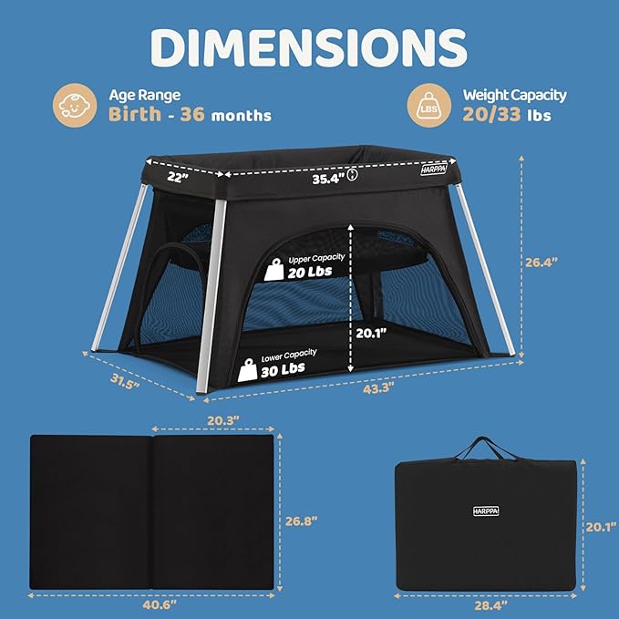 HARPPA Travel Crib with Comfy Mattress, Lightweight Portable Crib Requires No Assembly, Foldable Pack and Play for Baby and Toddlers, Compact Play Yard with Bed,Black