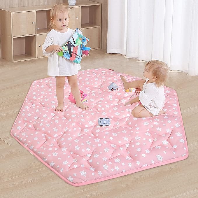 Hexagon Mat Princess Tent Rug, Plush Soft Playpen Mat Fitted for Monobeach Princess Castle, Non Slip Pink Star Nursery Rug for Baby Girl Room Decor, 55" L x 47" W
