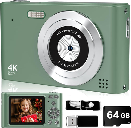 Digital Camera, 44MP Full HD 1080P Point and Shoot Camera with 64GB Card, Anti Shake 16X Zoom Compact Volg Cameras, Portable Small Camara Gift for Kids, Ages Teen Girl Boy - Green