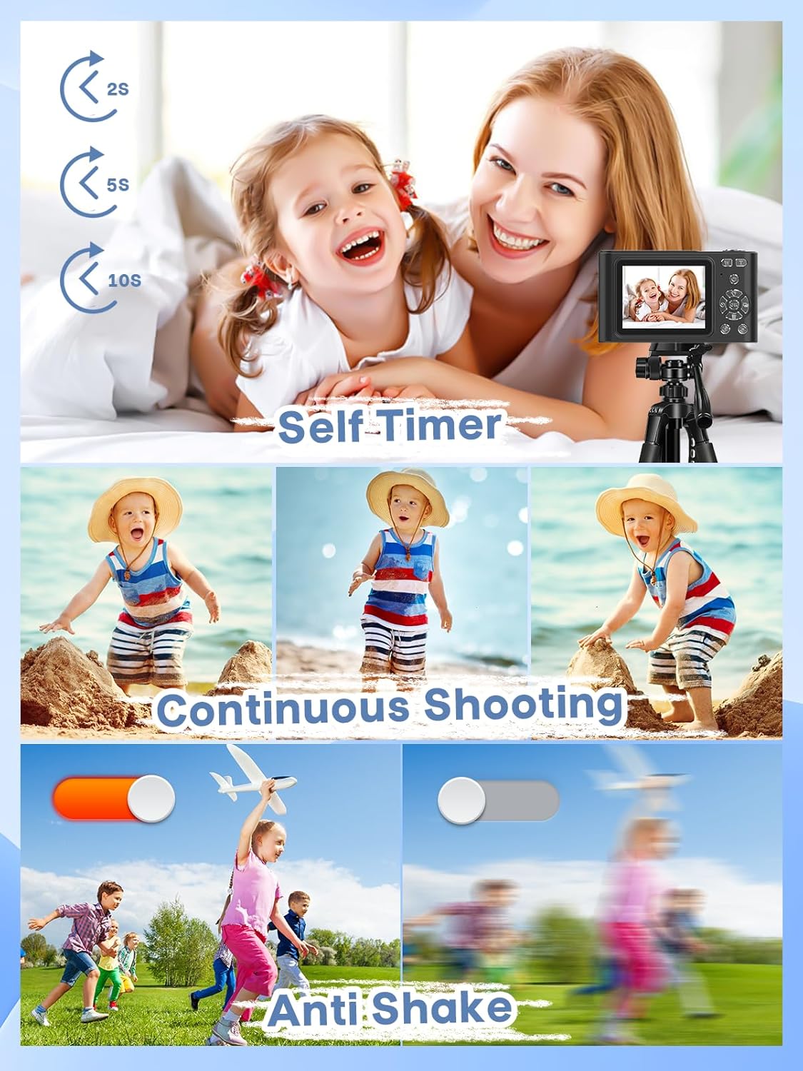 Digital Camera, 44MP Full HD 1080P Point and Shoot Camera with 64GB Card, Anti Shake 16X Zoom Compact Volg Cameras, Portable Small Camara Gift for Kids, Ages Teen Girl Boy - Black