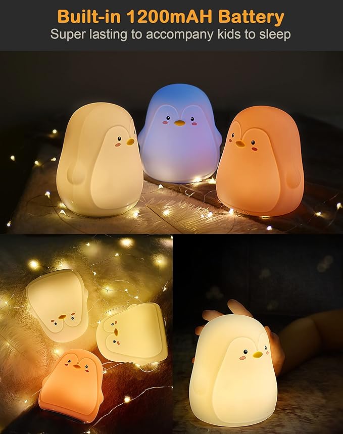 Penguin Night Light, USB Rechargeable Silicone LED Night Light for Kids, Multicolor Cute Nursery Night Lights with Warm White and 7-Color Breathing Mode,Christmas Gift for Kids Baby Children Bedrooms
