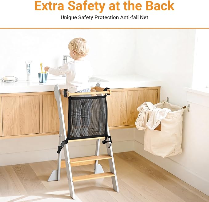 COSYLAND Foldable Toddler Kitchen Stool Helper - Height Adjustable Standing Tower for Bathroom Sink or Kitchen Counter - Step Stool for Toddlers Ages 18 Months to 6 Years White & Natural