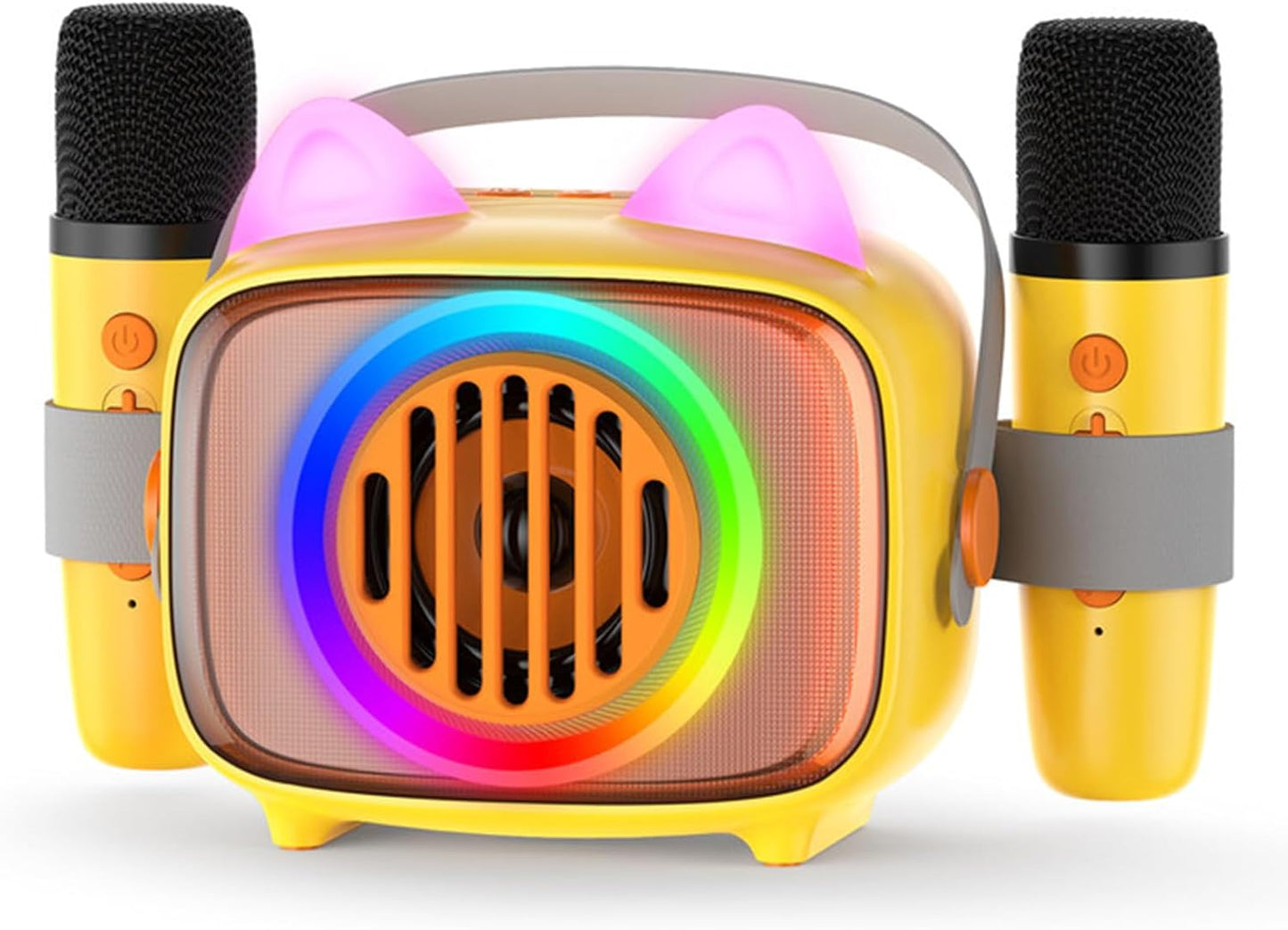 BIGASUO Karaoke Machine for Kids, Mini Portable Bluetooth Speaker with 2 Wireless Microphones and LED Lights, Kids Toys Ideal Gifts for Girls & Boys Birthday Home Party Yellow-2Pack